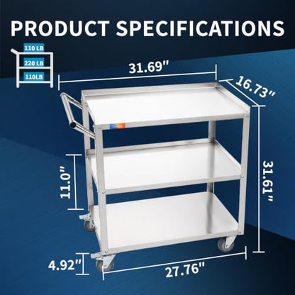 Treshin 3 Tier Stainless Steel Utility Cart, 16.73" W x 27.76" L x 31.61" H - color: 3 Tier Utility Cart, size: 16.73" W x 27.76" L x 31.61" H