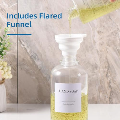 Glass Soap Dispenser with Pump, Dish and Hand Soap Dispenser for Kitchen Bathroom Set, Clear Glass Dispenser Set of 2 Pack with 18 Stickers Funnel Bamboo Tray 500ml 18oz / Each Bottle Sliver Pump - color: Glass+black Pump