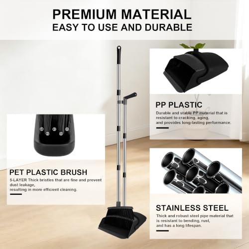 TNELTUEB Broom and Dustpan Set, 51" Long Handle Broom with Built-in Comb - color: Black, size: Standard