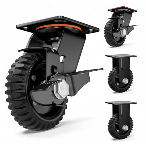 5inch Heavy Duty Caster Wheels, 1100lb Solid Rubber Plate Casters, Knobby Tread with Brake for Workbench, Dolly, Cart, Wagon, Trolley, Chicken Coop - Set of 4 (2 Brake & 2 Rigid)
