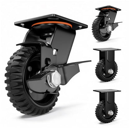 5inch Heavy Duty Caster Wheels, 1100lb Solid Rubber Plate Casters, Knobby Tread with Brake for Workbench, Dolly, Cart, Wagon, Trolley, Chicken Coop - Set of 4 (2 Brake & 2 Rigid)