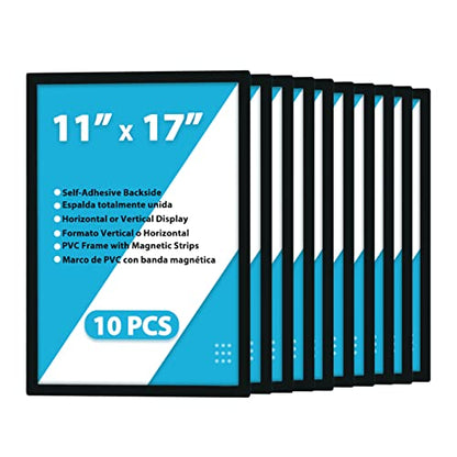 JIUYE 10Pcs Magnetic Poster Holder Self-adhesive Back,11"x17" Magnetic Framed Sign Holder,Plastic Window Wall Poster Display Frames for Office,Store,School(10Pcs,Black)