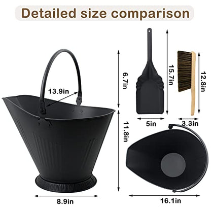 Poofzy Ash Bucket for Fireplace, 3.2 Gallon Metal Fireplace Ash Bucket for Wood Stove, Includes Shovel, Broom and Gloves Indoor & Outdoor - size: 3.2 Gallon (Black)