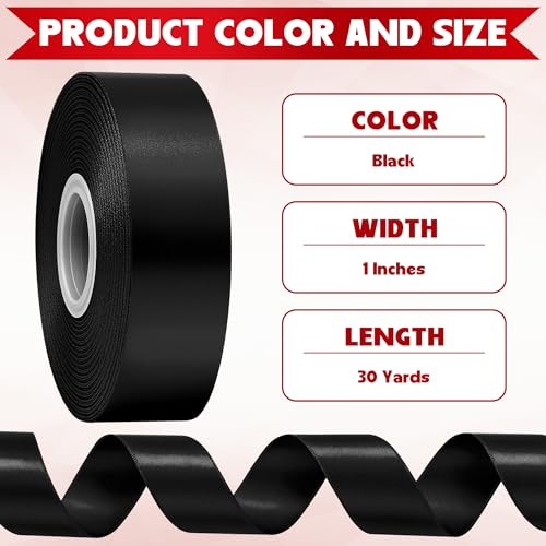 30 Yards 1 in Black Satin Ribbon for Gift Wrapping Graduation Halloween - color: Black, size: 1 inch