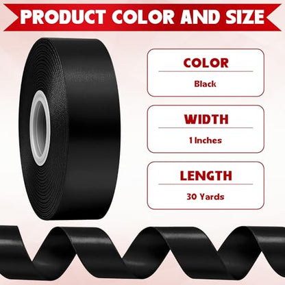 30 Yards 1 in Black Satin Ribbon for Gift Wrapping Graduation Halloween - color: Black, size: 1 inch