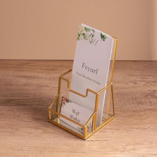 Feyarl Gold Glass Brochure Holder Pamphlets Cards Literature Holder Flyer for 4" Trifold Holder Glass Display Stand with Business Card Holder for Brochures Magazines Literatures Display Countertop