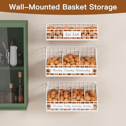 Egg Basket, Stackable Wall Mount Countertop Egg Holder with Weekday Labels - color: White, size: 3-Tier（with printed labels）