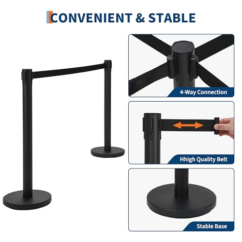 GarveeTech Crowd Control Stanchion Set, Black Stanchions with 6.6 ft Retractable Belts, Crowd Control Barriers, 4 Pack