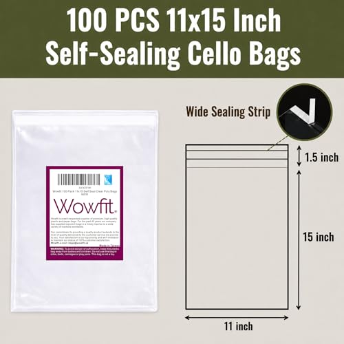 Wowfit 100 CT 11x15 Self Sealing Clear Poly Bags for Clothing & Artwork - size: 11x15 Inch (Pack of 100)