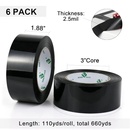 BOMEI PACK Black Packing Tape, 6 Rolls Heavy Duty Packaging Tape for Shipping Packaging Moving Sealing, Thicker Packing Tape, 1.88 Inches Wide, 110 Yards Per Roll - color: Black