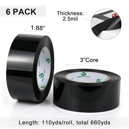 BOMEI PACK Black Packing Tape, 6 Rolls Heavy Duty Packaging Tape for Shipping Packaging Moving Sealing, Thicker Packing Tape, 1.88 Inches Wide, 110 Yards Per Roll - color: Black
