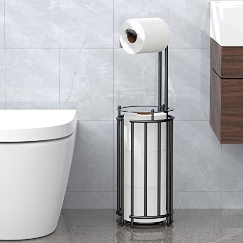 Meangood Toilet Paper Holder Stand and Tissue Paper Roll Dispenser for 4 Mega Rolls, Bathroom Free Standing Tissue Roll Storage Holder Rack, Detachable (Matte Black) - color: Black