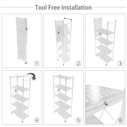 5-Tier Folding Shelf with Wheels No Assembly Portable Shelves - color: White, size: 5 Tier