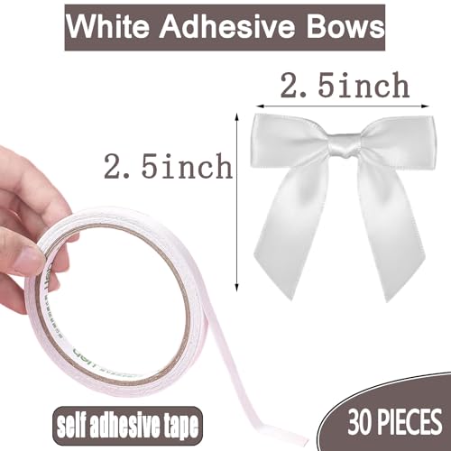 2.5inch White Bows, 30pcs Self Adhesive Gift Wrap Bows Small Premade Ribbons Crafts Christmas Bows for Presents - color: White