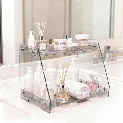 ROYALITA 2 Tier Shelf Bathroom Countertop Organizer Makeup Display Shelf - color: Gray