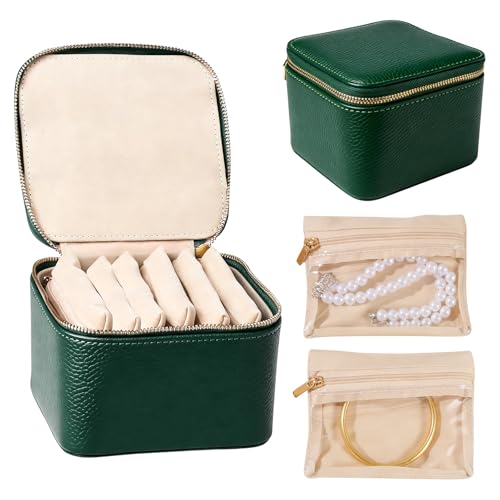Travel Jewelry Case with 6 Velvet Zipped Pouches Bags, Dark Green - color: Dark Green - 6 Pouch