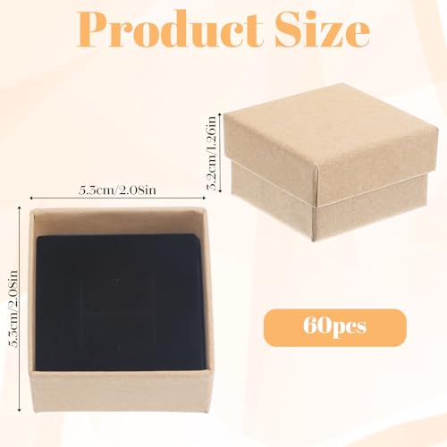 60 Pack Cardboard Ring Boxes, 2 x 2 x 1.26 Inch Square Jewelry Gift Boxes With Foam, Bulk Mini Earring Packaging For Weddings, Birthdays, and Retail Display, Brown