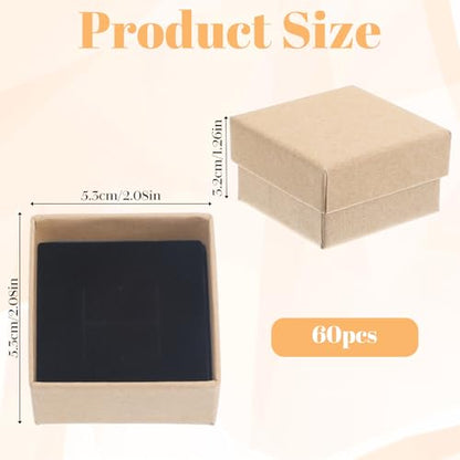 60 Pack Cardboard Ring Boxes, 2 x 2 x 1.26 Inch Square Jewelry Gift Boxes With Foam, Bulk Mini Earring Packaging For Weddings, Birthdays, and Retail Display, Brown