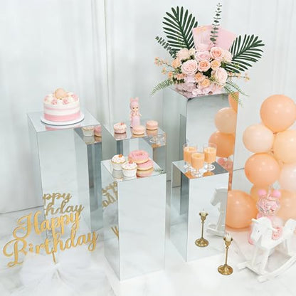 Efavormart Set of 5 Silver Mirror Acrylic Pedestal Risers – Pre-Assembled Rectangular Display Stands for Weddings, Events & Product Showcases – 20", 22", 24", 28", 32" - color: Silver