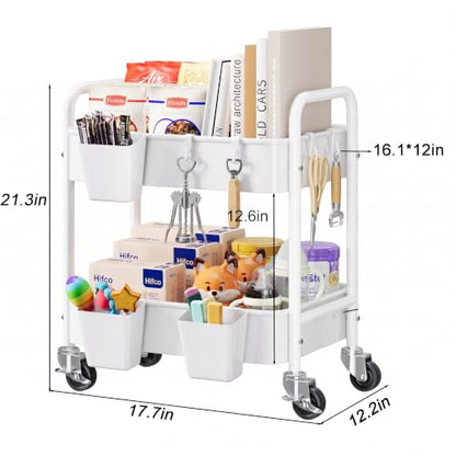 2 Tier Small Rolling Cart Metal with Wheels, White Under Desk Storage Carts - color: Light White, size: 2 Tier + Cups + Hooks