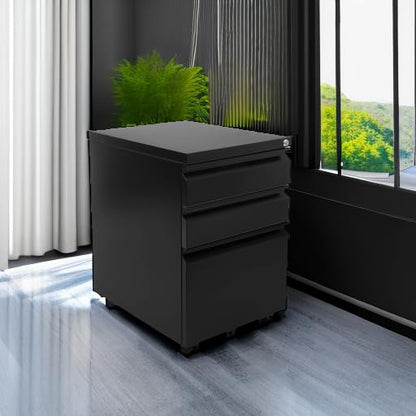 Mount-It! 3 Drawer File Cabinet with Lock and Wheels, Heavy-Duty Steel Rolling Drawer Cabinet, Fully Assembled Under Desk Filing Cabinet for Home Office Storage, 15.3" W x 19.75" D x 24.5" H, Black - color: Black