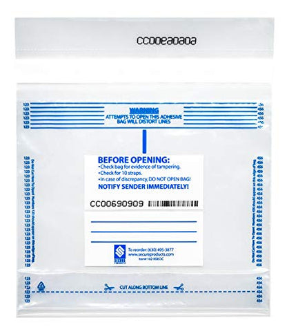 SECUR-PAK 100pk 10 Strap Tamper Resistant Cash Bag, 9.5" x 8"- Fold Over Sealing, Tamper Indicating Enclosure - Transparent 2.5 Mil Coextruded Polyethylene