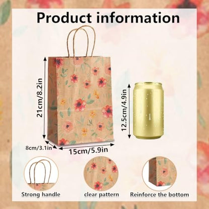 24pcs Floral Pattern Kraft Paper Bag Gift Bags with Handles for Party Favors, Mothers Day, Weddings, Birthday Celebration, Baby Shower,8.26×5.9×3.14inch - color: flower