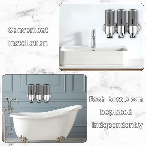 No-Drill 3 Pack 500ml Wall Mounted Soap Dispenser for Bathroom and Kitchen, Shampoo and Conditioner Dispenser Drill Free with Adhesive(Round-Grey) - color: Grey-1