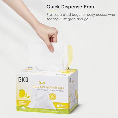 EKO 21 Gallon / 50-90 Liter, Drawstring TrashBags,Extra-Strong Garbage Bags,Lemon Zest Scent-Continuous Odor Control,Easy-Dispense Roll for Kitchen & Household Use, Code G,White, 60 Count (Pack of 4) - size: 60 Count (Pack of 4), style: 21 Gallon Bags/Cod