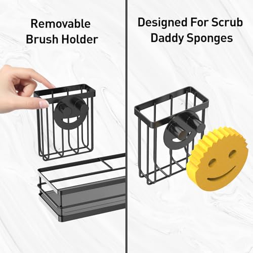 Moforoco Kitchen Dish Soap Dispenser Set, 16OZ Glass Bottle, Hand and Dish Soap Dispenser Set, Instant Dry Tray, Brush Holder with Smiley Face Sponge Holder (Black Tray+Black&White Bottle) - color: Black Tray+black&white Bottle