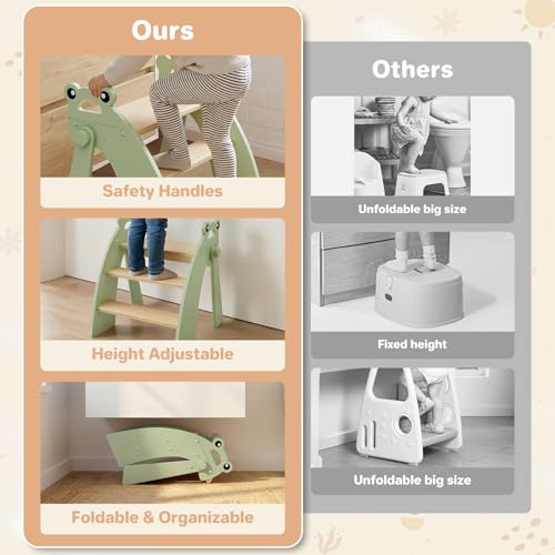 Wooden Step Stool for Toddlers, 3 Foldable Step Stool for Kids Bathroom Sink & Potty Training, Bamboo Toddler Stool with Green Frog Handles and Non-Slip Pads for Bedroom, Kitchen Helper - color: 3 Step Green