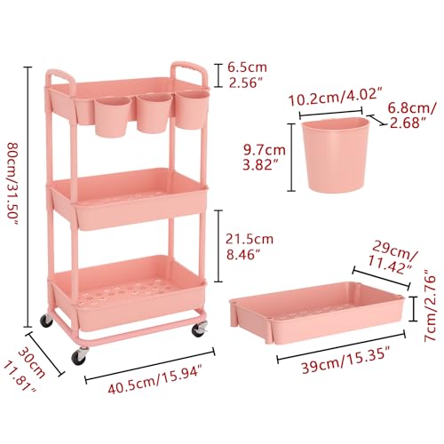 JIUYOTREE 3-Tier Plastic Rolling Storage Cart Utility Cart Pink - color: Pink, size: 3-Tier