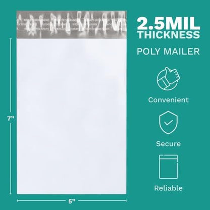 5" x 7" Poly Mailer Envelopes - 200 Count, Self Seal White Plastic Mailing Bags with Adhesive Strip, 2.5 Mil Thick, Waterprrof & Tear/Puncture Proof Unpadded Shipping Mailers - GPI - size: 5" x 7"