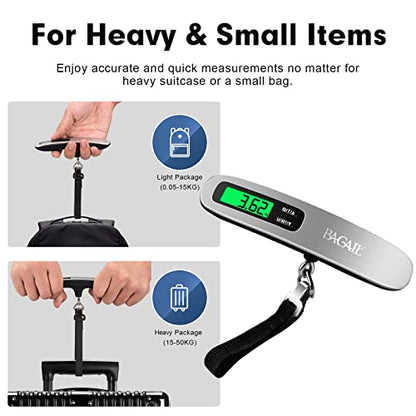 BAGAIL Digital Luggage Scale, 110lbs Hanging Baggage Scale with Backlit LCD Display, Portable Suitcase Weighing Scale, Travel Luggage Weight Scale with Hook, Strong Straps for Travelers - color: Silver