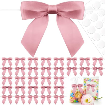 50 Pcs Rose Gold Satin Ribbon Bows, 3.5" x 3.5", with Twist Ties - color: Rose Gold
