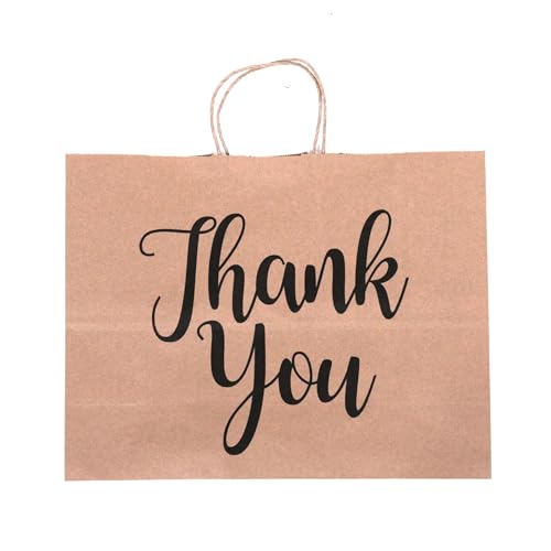 Large Kraft Thank You Paper Shopping Bags - 16”L x 6”D x 12”H - Case of 100