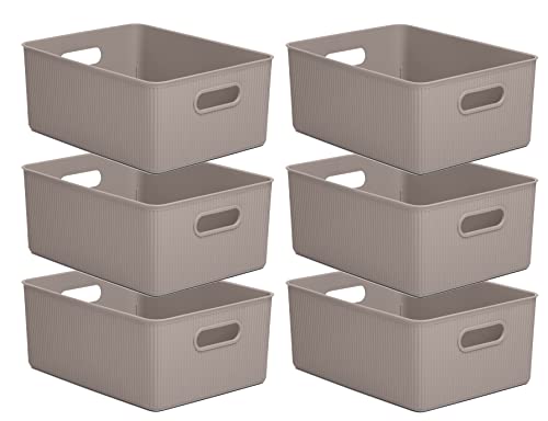 Decorative Plastic Basket Open Home Storage Bins Organizer, Large Taupe (6 Pack) Container Boxes for Organizing Closet Storage Bins for Shelves Drawer Shelf - Ribbed Collection 15 Liter/16 Quart - size: 15 Liter