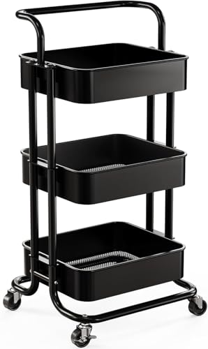 Pipishell Metal 3 Tier Rolling Cart with Handle & 2 Lockable Wheels, Black - color: Black, size: 3-Tier