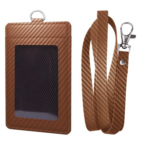 Carbon Fiber Work ID Card Holder with Lanyard,Brown - color: Color a