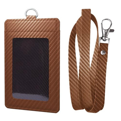 Carbon Fiber Work ID Card Holder with Lanyard,Brown - color: Color a