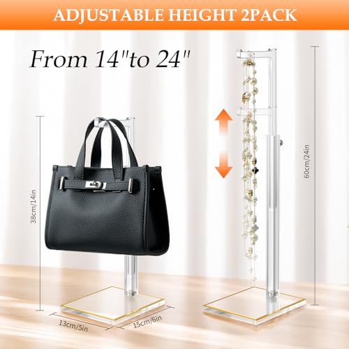 6Pcs Clear Acrylic Display Stand Bundle with Gold Trim, 4 Adjustable Purse Holders (14"-24") & 2 Widen 3-Tier Wallet Risers, Handbag and Clutch Countertop Organizer Rack Set for Retail Boutique