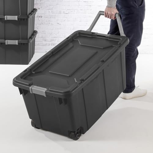 Sufeasdf Wheeled Industrial Tote 40 Gallon/151 Liter Black Lid & Base w/Racer Red Handle & Latches