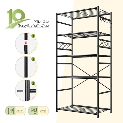 DurayLoly Heavy Duty 5-Tier 500LBS Garage Shelving Unit with Hooks, Black - size: 23.6" W x 13.8" D x 72.4" H (5T)