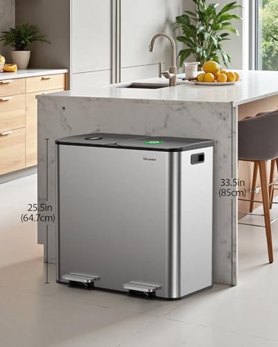Dual Trash and Recycling Bins for Kitchen, 2×13 Gallon (2× 50L) Stainless Steel Trash and Recycle Bin Combo with Soft-Close Lid, Large Garbage Cans for Kitchen Home with 2 Magnets Sticker, Silver - color: Silver