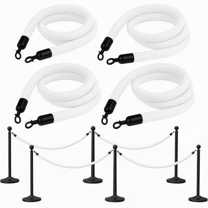 4PCS White Velvet Rope 5FT – Soft Ropes for VIP Barrier Event Stanchion Velvet Rope Set with Black Snap Ends for Crowd Control and Stanchions - color: White + Black