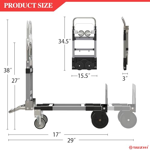 Suzhi Convertible Hand Truck Dolly Cart Heavy Duty/with 4 Wheels, 500 Lbs Load, 2 Straps for Moving Furniture/Appliance/Carton/Warehouse/Office - color: Silver
