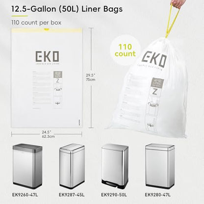 EKO 12.5 Gallon / 40-60 Liter, 110 Count Drawstring Trash Bags, Extra-Strong Garbage Bags, Unscented, Leak-Resistant, Easy-Dispense Roll for Kitchen & Household Use, Code Z, White - size: 110 Count (Pack of 1), style: 12.5 Gallon Bags/Code Z