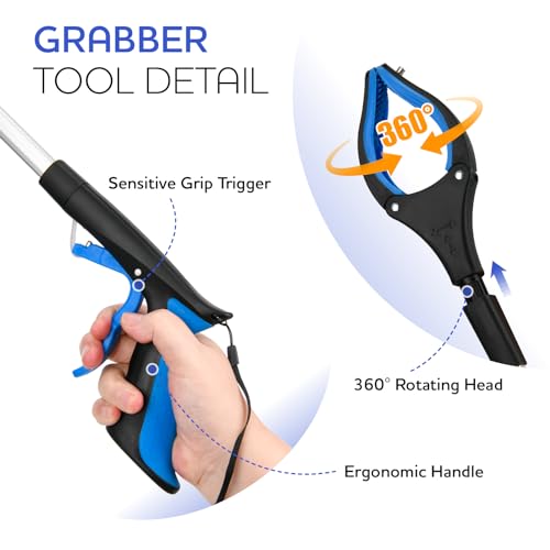 37.4 inch 2024 Upgraded Edition Grabber reahcer Tool,Foldable Reacher Grabber Pickup Tool with Strong Grip Magnetic,360°Rotating Anti-Slip Jaw,Trash Picker Tool for Outdoor & Indoor (Blue) - color: Blue