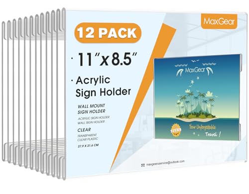 MaxGear Acrylic Sign Holder 8.5 x 11 Wall Mount, 12 Pack, Landscape - size: 11"x8.5"-12Pack