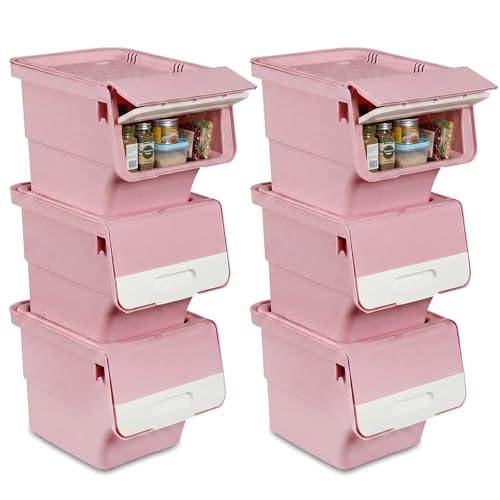 GIANTEX 6 Pack Plastic Stackable Storage Bins with Lids & Wheels, 12.5 QT - color: White + Pink, size: 6 Pack, 12.5 QT